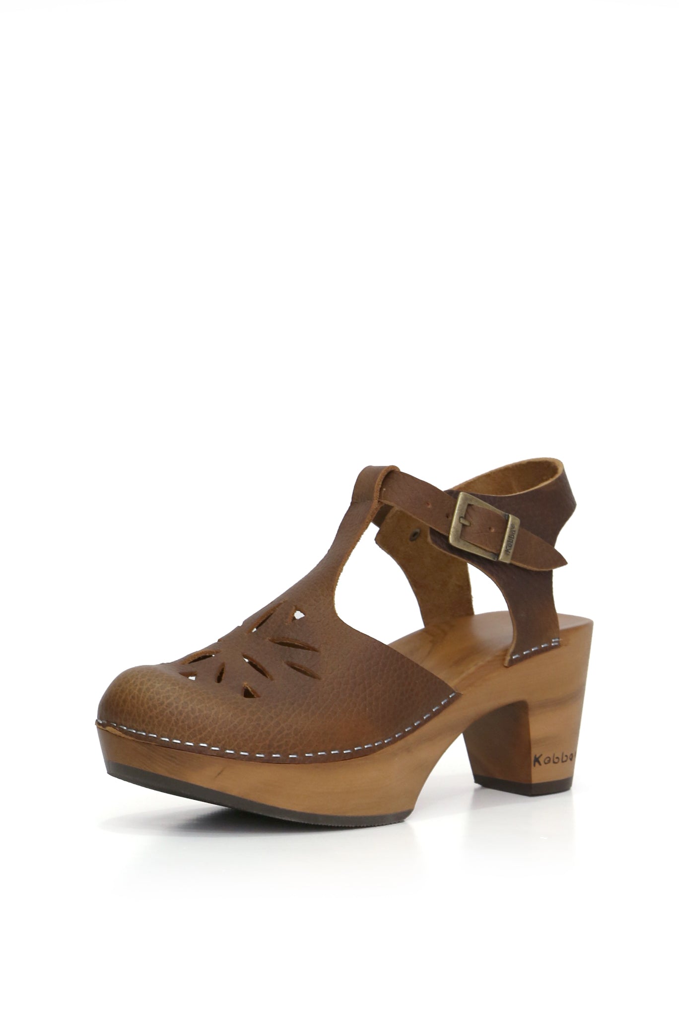 Zapatos anatómicos Kebba Tábata tostado, sandalia en cuero café con planta 7 cm de madera
