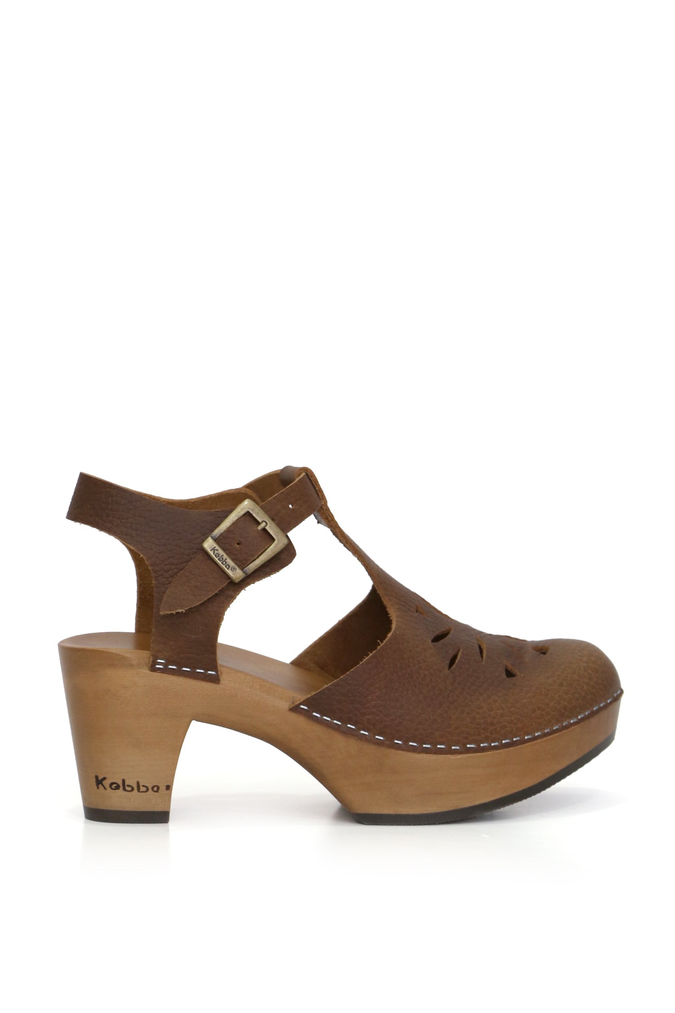 Zuecos Kebba oferta Tábata tostado, cuero vacuno café y planta anatómica 7 cm de madera
