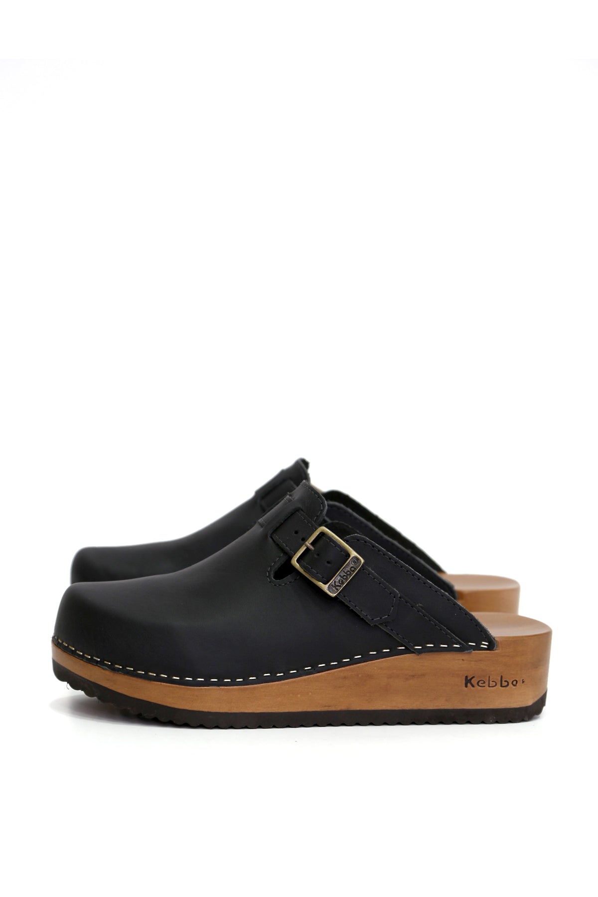 Zuecos mujer Riemen Náutico negro en cuero liso con planta Kebba 5 cm, zuecos de mujer para vestir