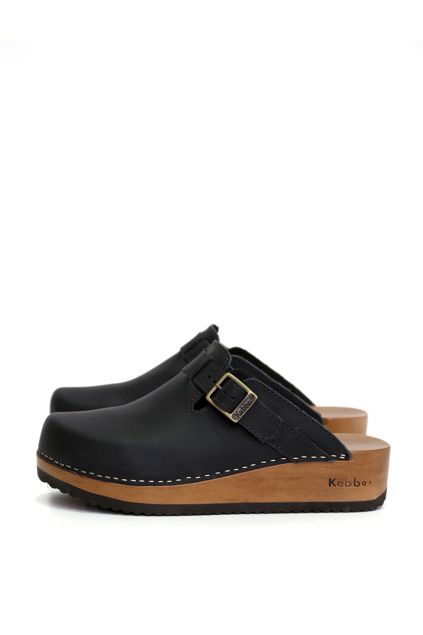 Zuecos mujer Riemen Náutico negro en cuero liso con planta Kebba 5 cm, zuecos de mujer para vestir